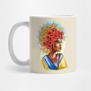 Ukrainian woman with national flag with wheat and flowers Mug